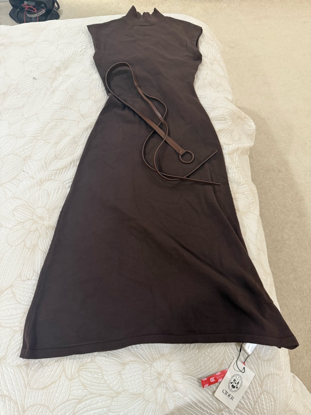 Brown Sleevelesse Mock Neck Maxi Dress with Belt, Cider brand new with tag, SM